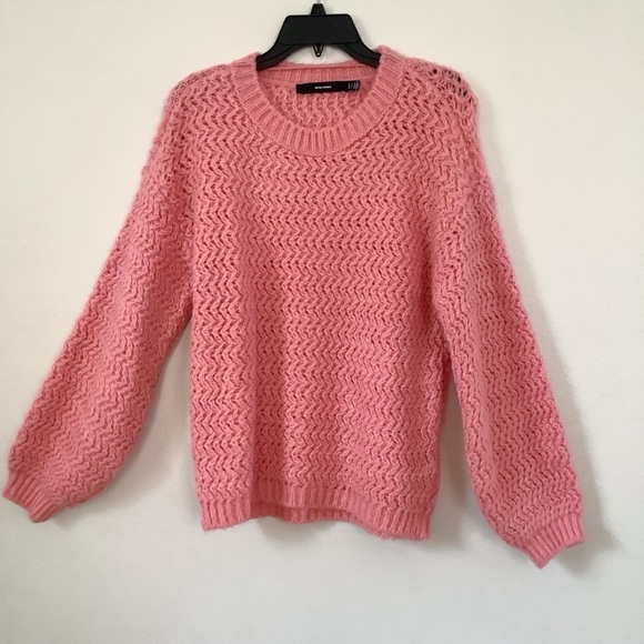 Vero Moda Pink Coral Freja Balloon Sleeve Crew Neck Pullover Sweater Women Small - Picture 2 of 5